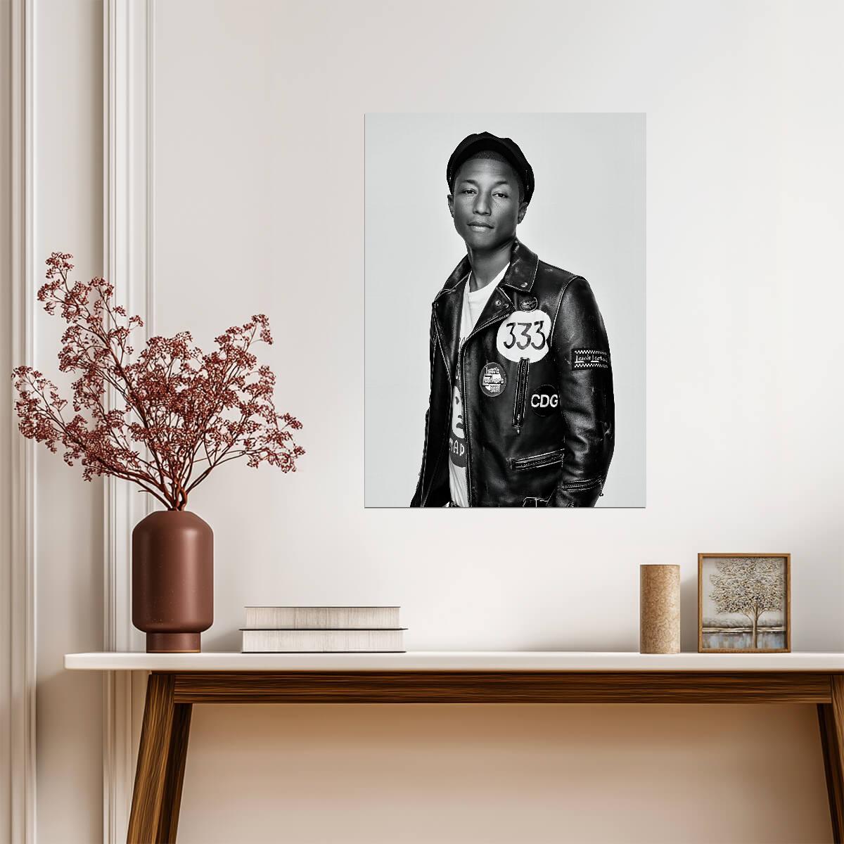 Pharrell Williams Black and White Portrait | 333 Leather Jacket Poster | Hip Hop Star Wall Art - Music Poster