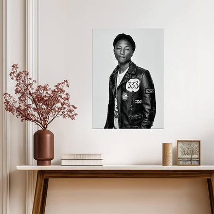 Pharrell Williams Black and White Portrait | 333 Leather Jacket Poster | Hip Hop Star Wall Art - Music Poster