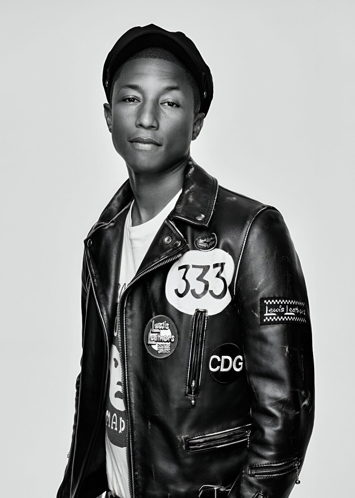Pharrell Williams Black and White Portrait | 333 Leather Jacket Poster | Hip Hop Star Wall Art - Music Poster