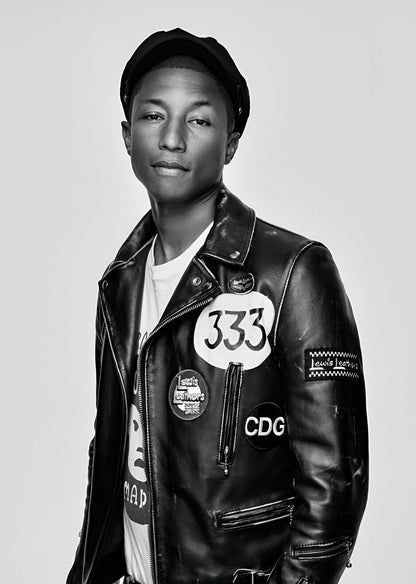 Pharrell Williams Black and White Portrait | 333 Leather Jacket Poster | Hip Hop Star Wall Art - Music Poster