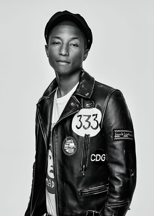 Pharrell Williams Black and White Portrait | 333 Leather Jacket Poster | Hip Hop Star Wall Art - Music Poster
