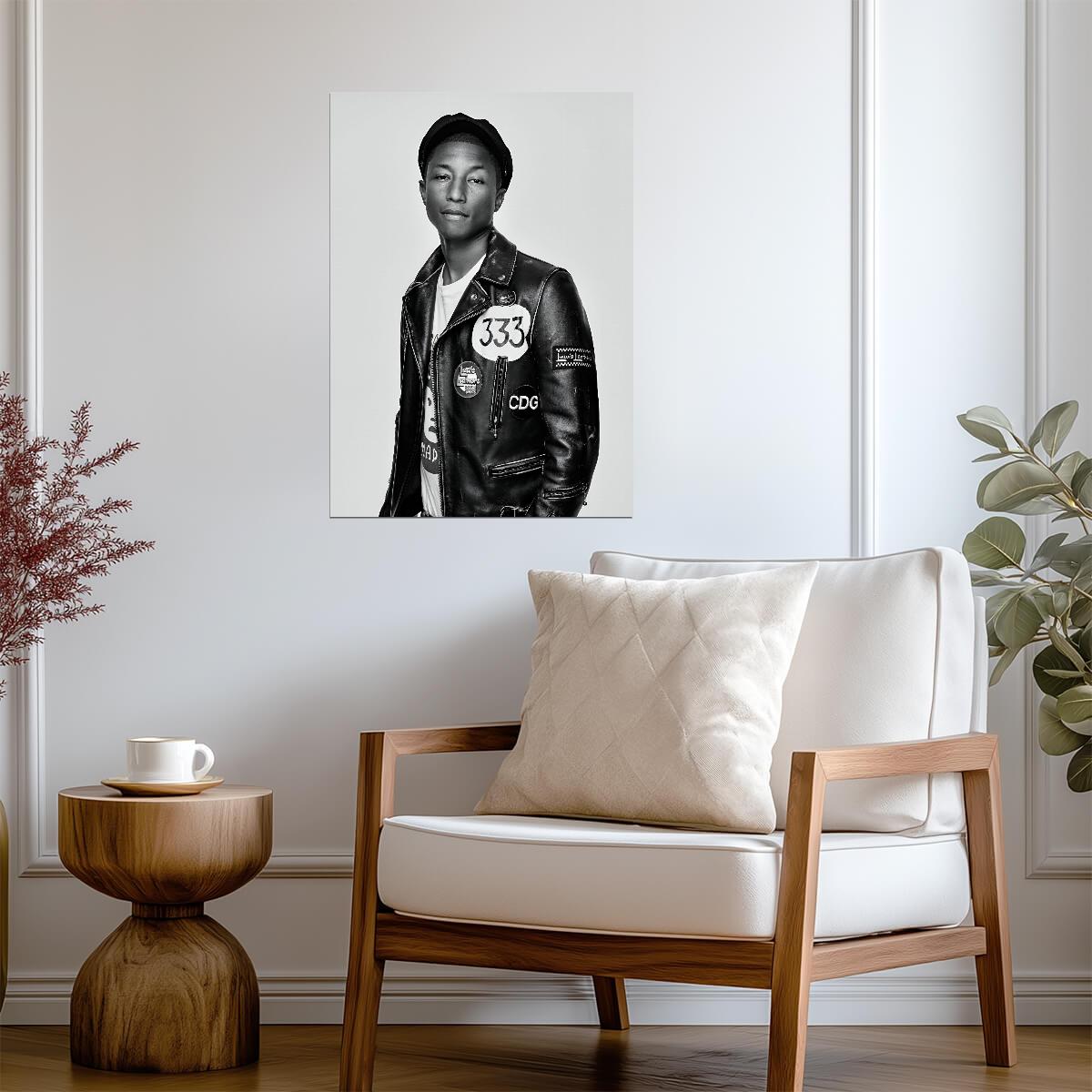 Pharrell Williams Black and White Portrait | 333 Leather Jacket Poster | Hip Hop Star Wall Art - Music Poster
