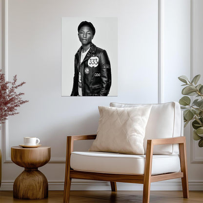 Pharrell Williams Black and White Portrait | 333 Leather Jacket Poster | Hip Hop Star Wall Art - Music Poster