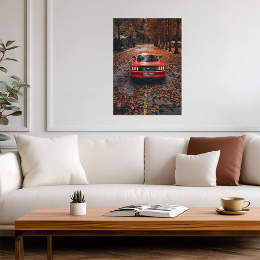 Ford Mustang S550 | Red Muscle Car Poster | American Pony Car in Autumn - Cars Poster