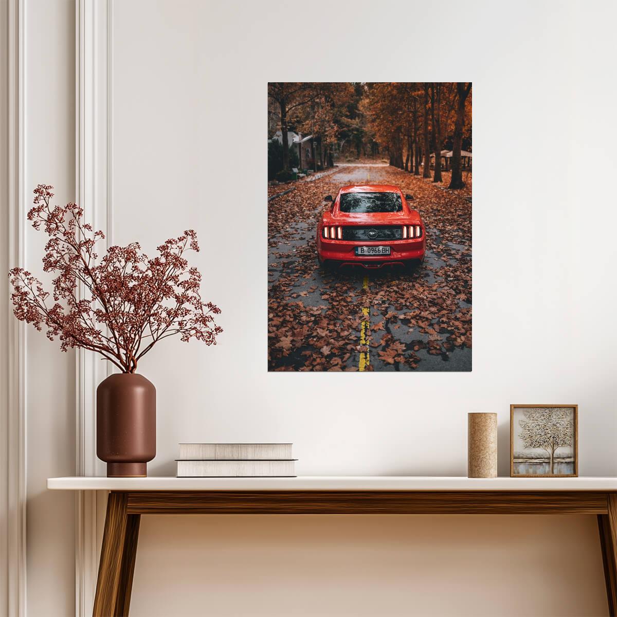 Ford Mustang S550 | Red Muscle Car Poster | American Pony Car in Autumn - Cars Poster