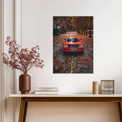 Ford Mustang S550 | Red Muscle Car Poster | American Pony Car in Autumn - Cars Poster