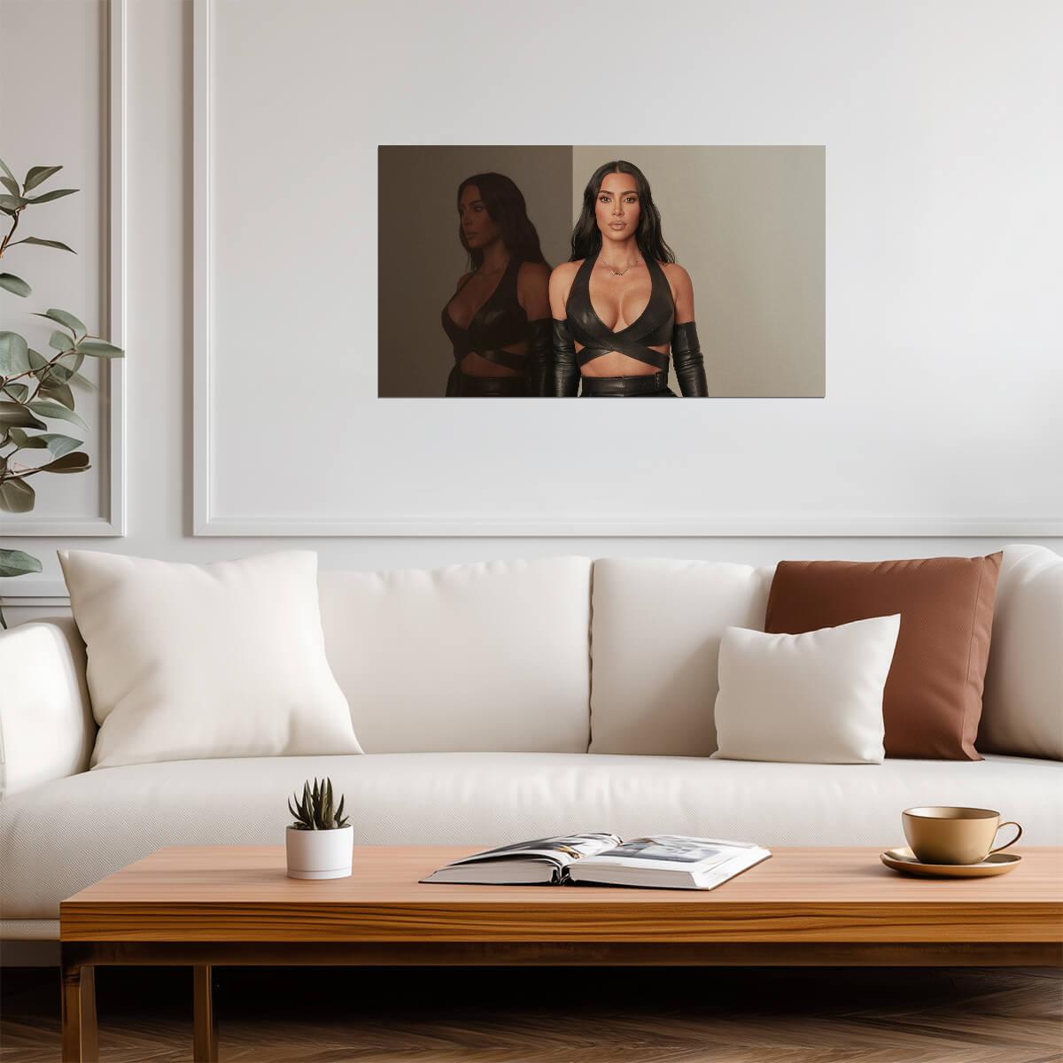 Kim Kardashian in Black Leather | Mirror Reflection Poster | Sexy Celebrity Wall Art - Celebrities Poster