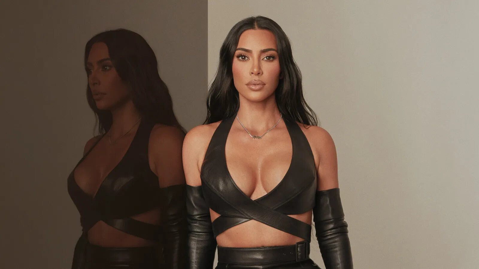 Kim Kardashian in Black Leather | Mirror Reflection Poster | Sexy Celebrity Wall Art - Celebrities Poster