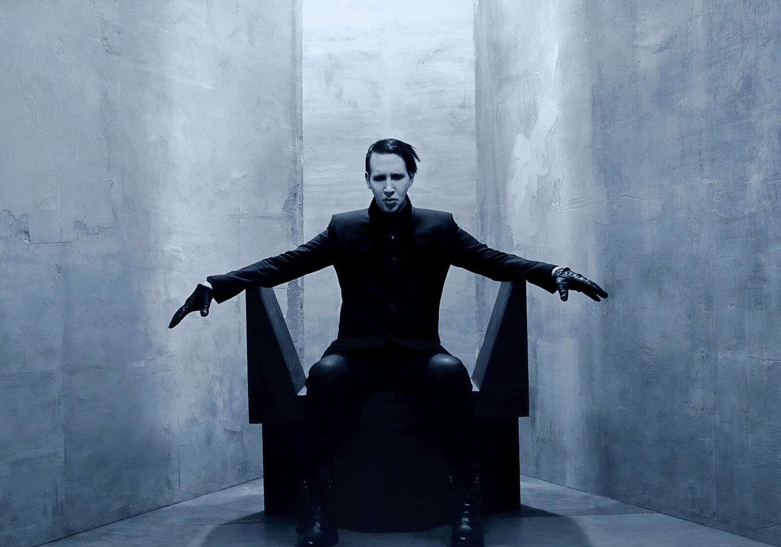 Marilyn Manson Sitting in Chair | Blue Background Poster | Rock Music Wall Art - Music Poster