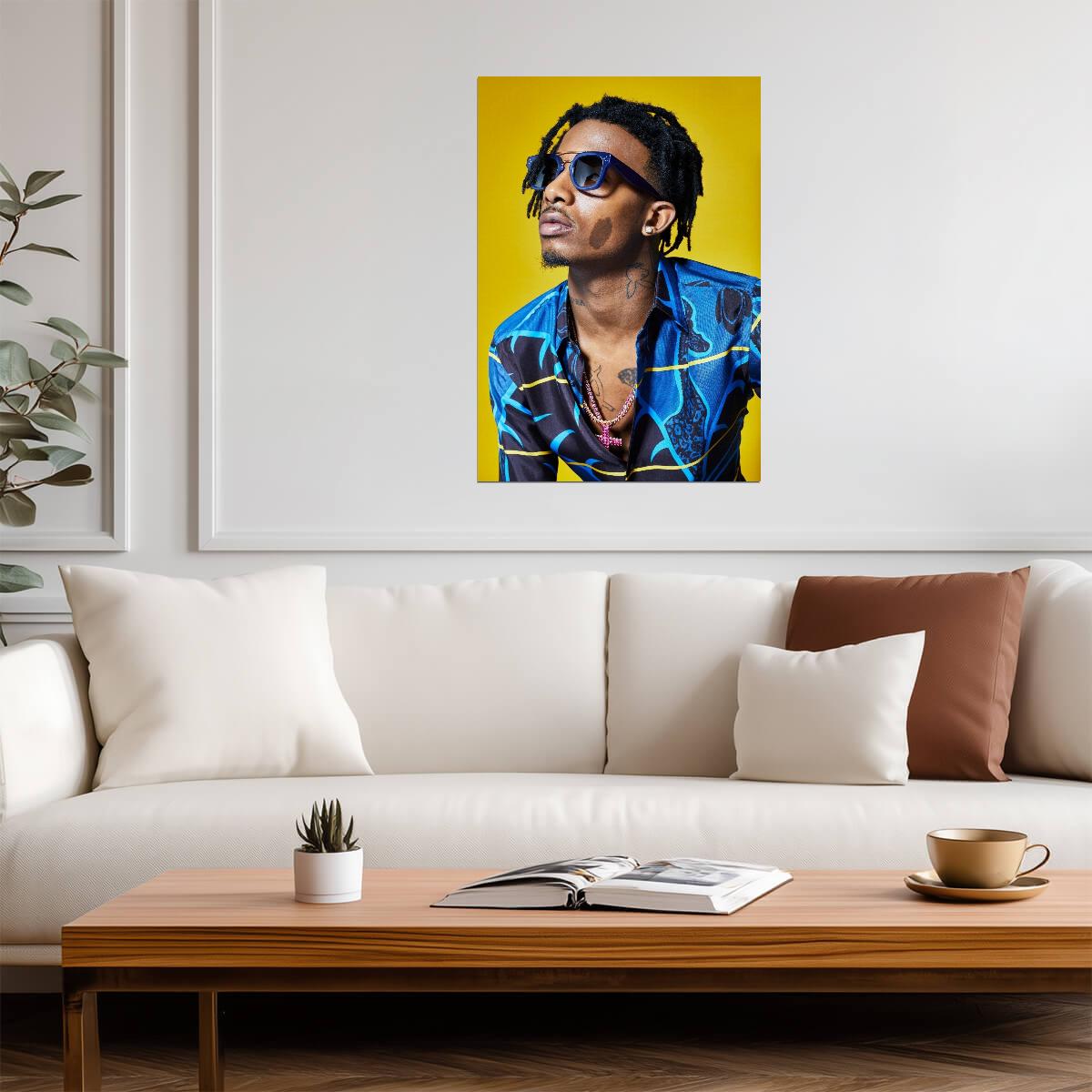Playboi Carti Blue Shirt Photoshoot | Yellow Background Poster | Celebrity Wall Art - Music Poster