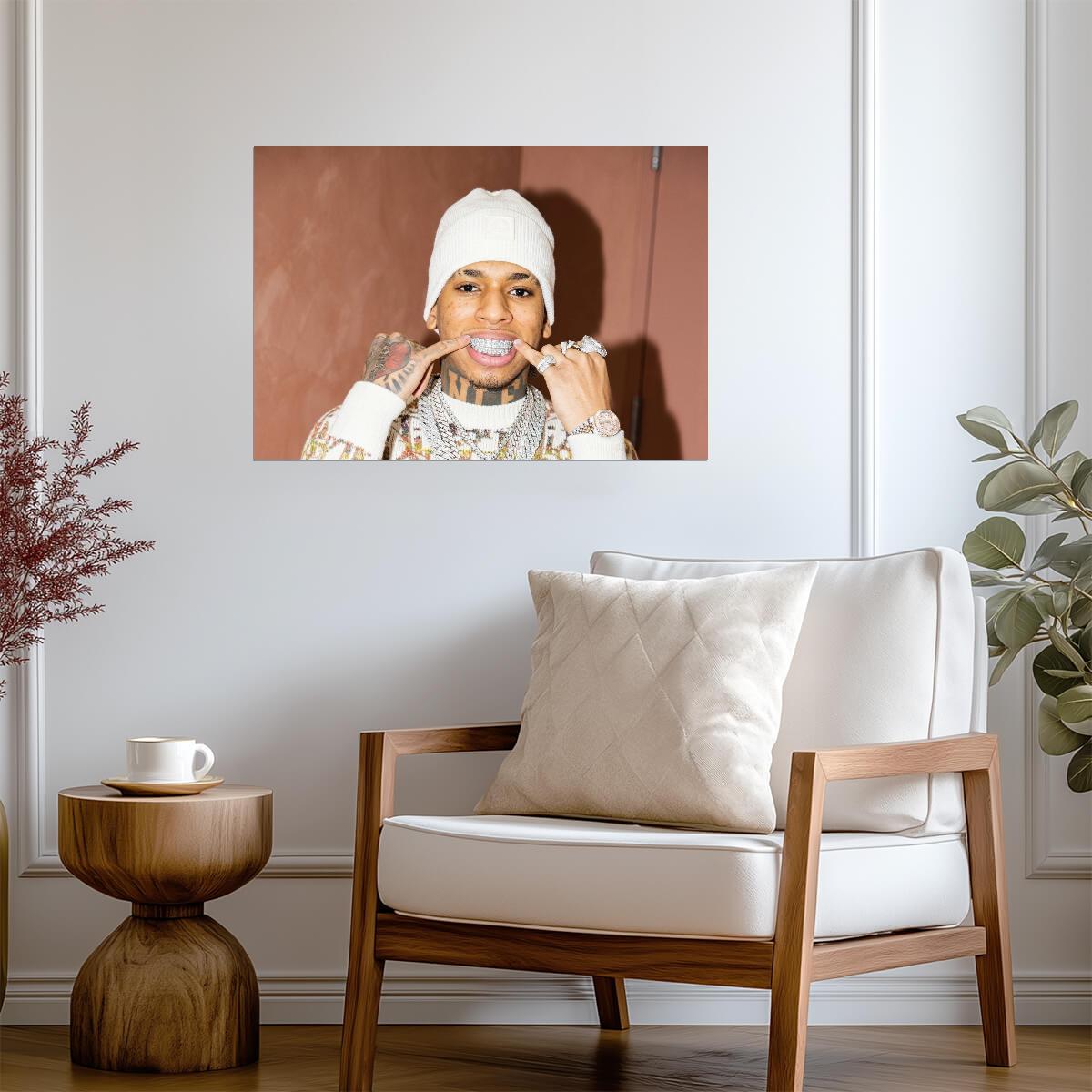 Nle Choppa Grillz Portrait | White Beanie Poster | Hip Hop Star Wall Art - Music Poster