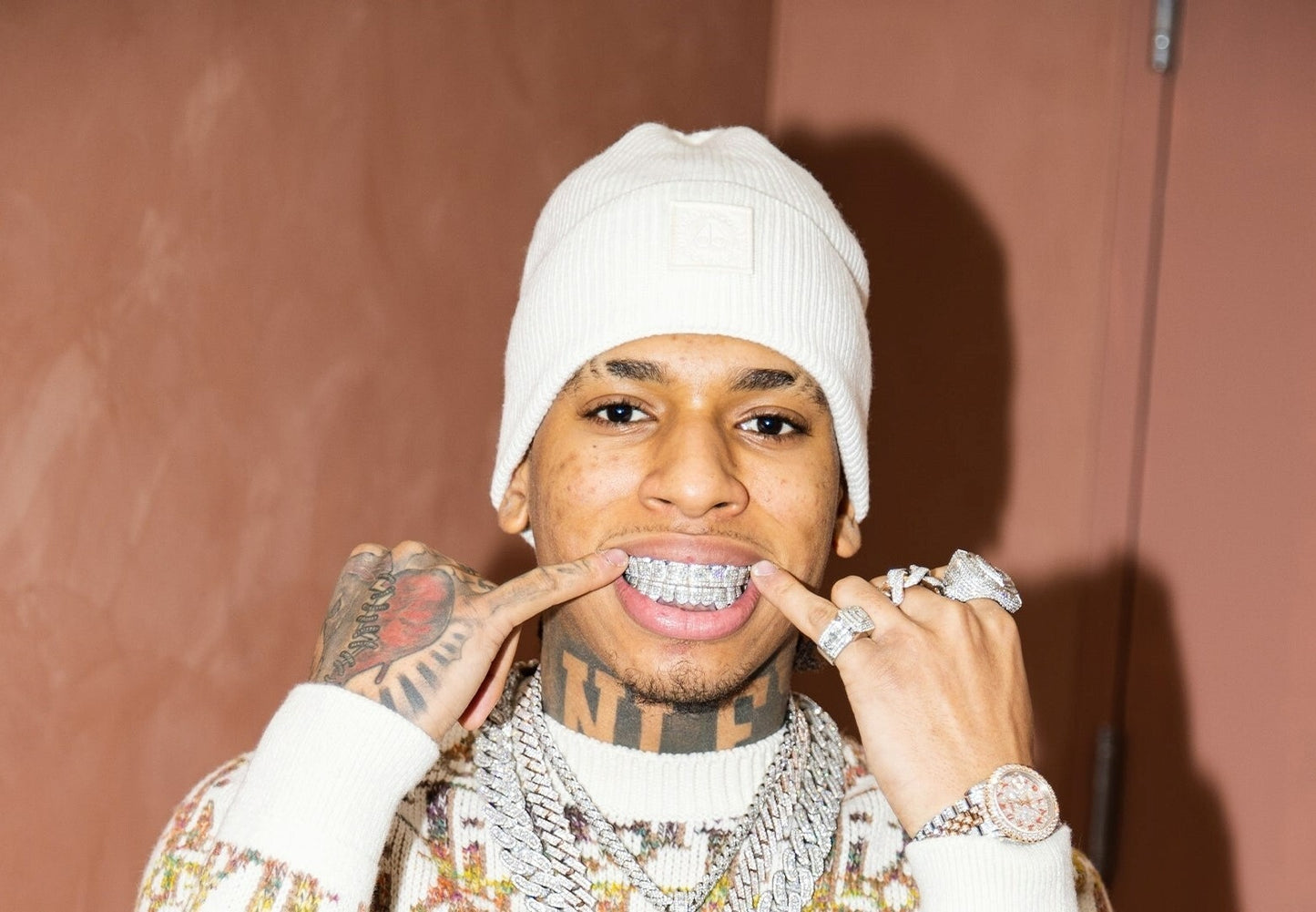 Nle Choppa Grillz Portrait | White Beanie Poster | Hip Hop Star Wall Art - Music Poster