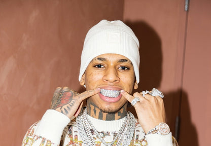 Nle Choppa Grillz Portrait | White Beanie Poster | Hip Hop Star Wall Art - Music Poster