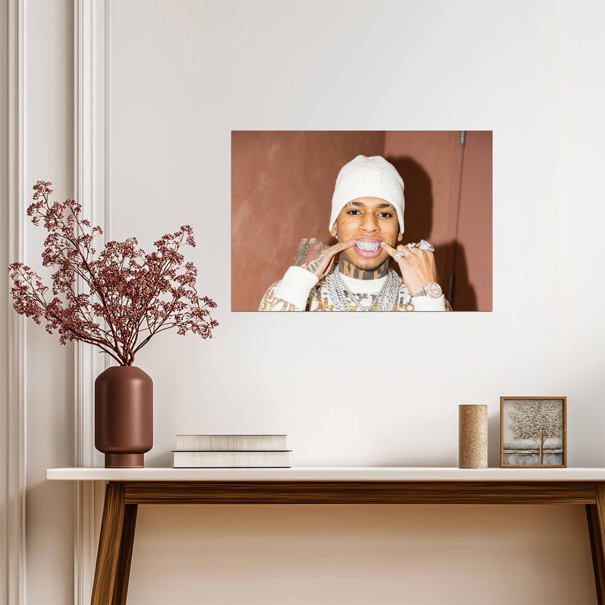 Nle Choppa Grillz Portrait | White Beanie Poster | Hip Hop Star Wall Art - Music Poster