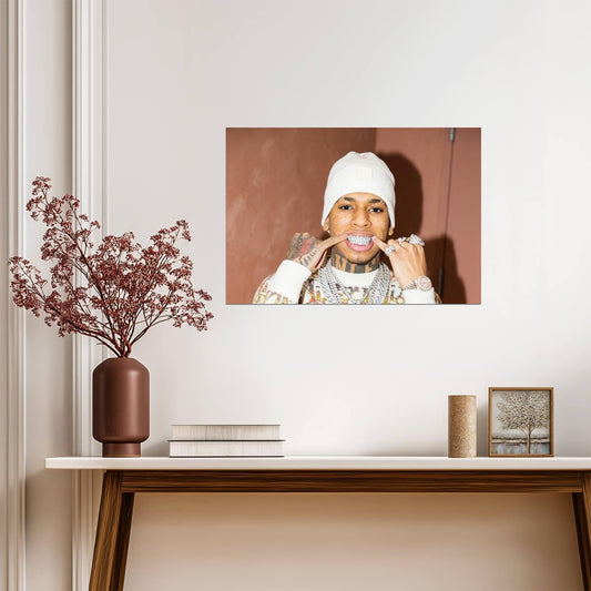 Nle Choppa Grillz Portrait | White Beanie Poster | Hip Hop Star Wall Art - Music Poster