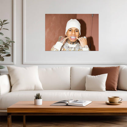 Nle Choppa Grillz Portrait | White Beanie Poster | Hip Hop Star Wall Art - Music Poster