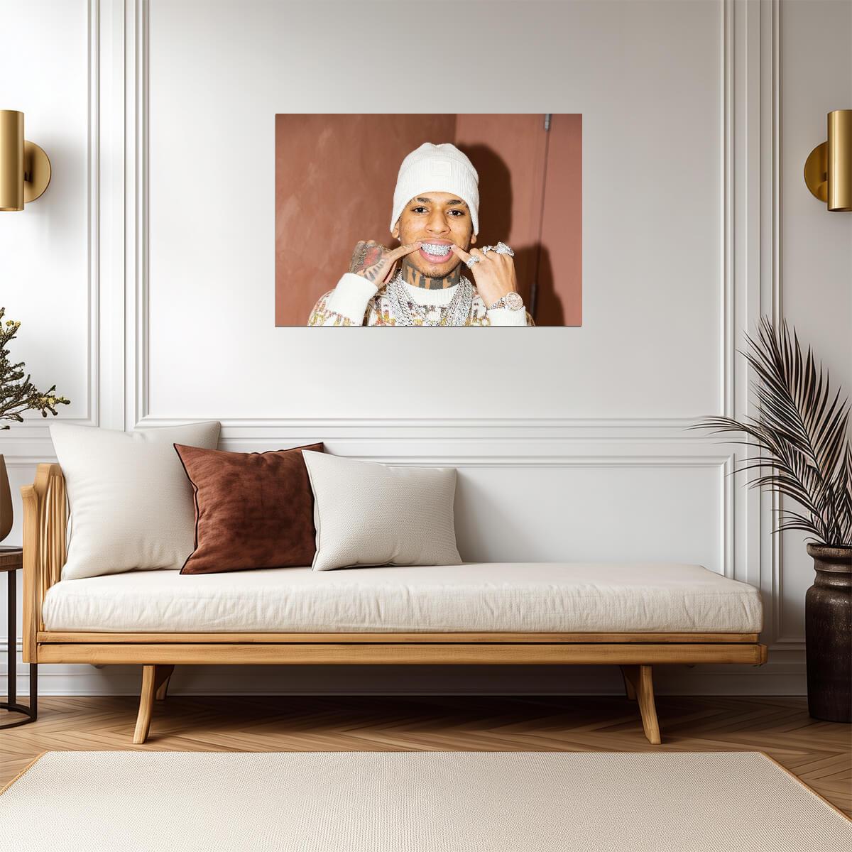 Nle Choppa Grillz Portrait | White Beanie Poster | Hip Hop Star Wall Art - Music Poster