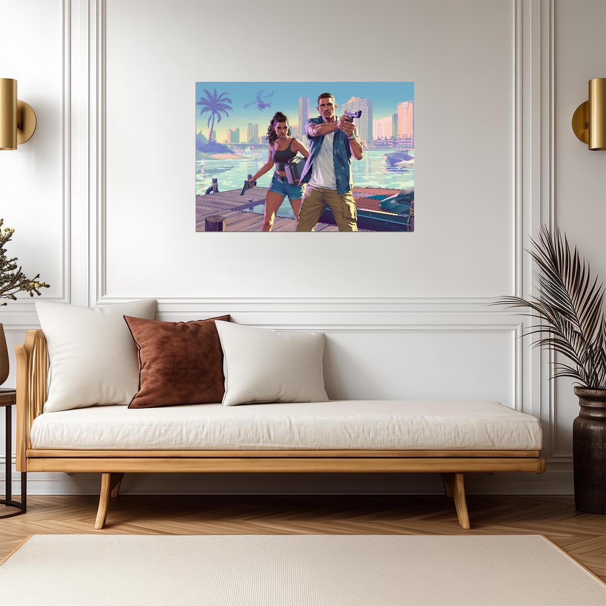 Grand Theft Auto VI Lucia & Jason Promo Art | Vice City Crime Duo Poster | Modern Gaming Wall Art - Video Games Poster