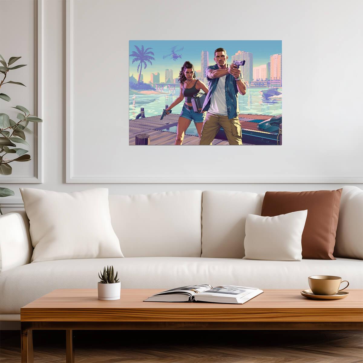 Grand Theft Auto VI Lucia & Jason Promo Art | Vice City Crime Duo Poster | Modern Gaming Wall Art - Video Games Poster