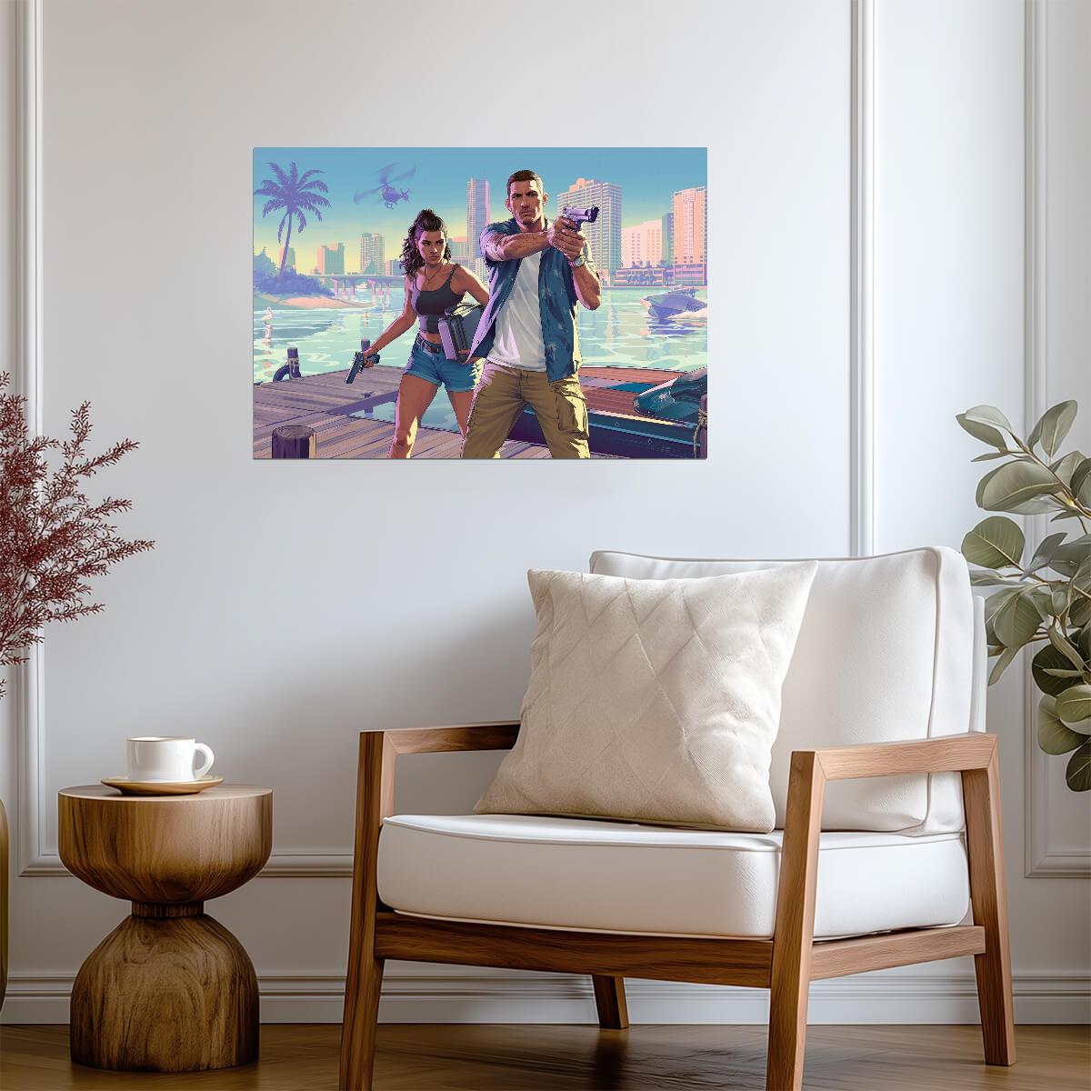 Grand Theft Auto VI Lucia & Jason Promo Art | Vice City Crime Duo Poster | Modern Gaming Wall Art - Video Games Poster