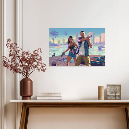 Grand Theft Auto VI Lucia & Jason Promo Art | Vice City Crime Duo Poster | Modern Gaming Wall Art - Video Games Poster