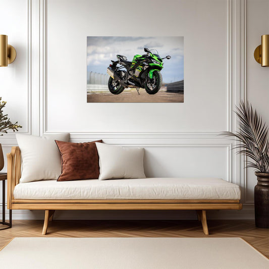 Kawasaki Ninja ZX-6R | Green Supersport Motorcycle Poster | Japanese Sportbike on Racetrack - Cars Poster