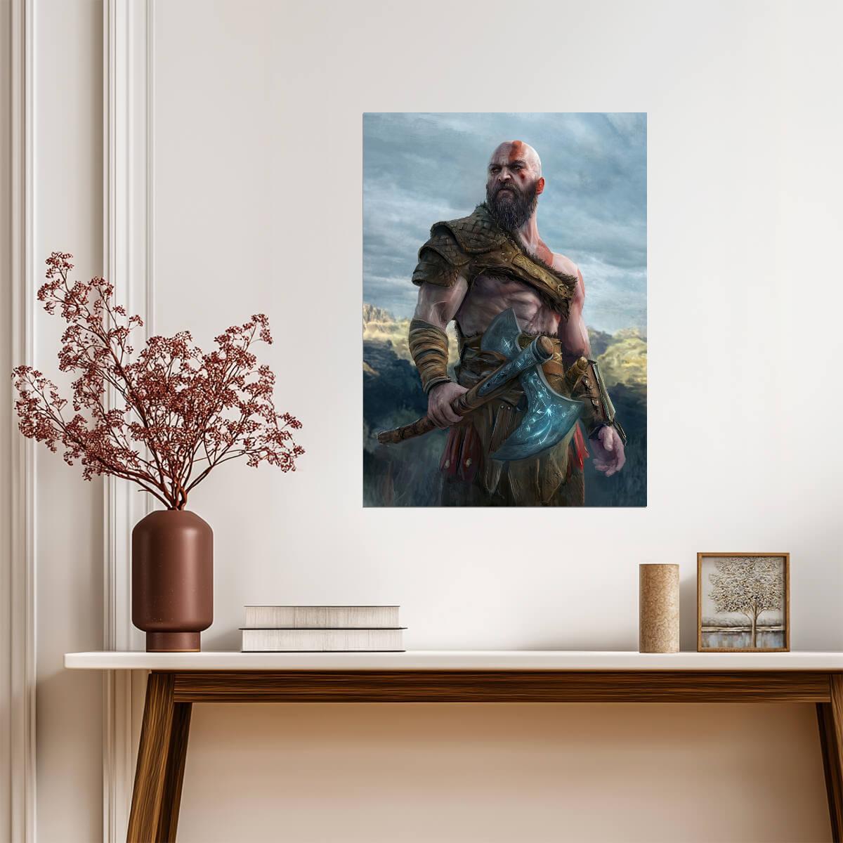 God of War Kratos Holding Leviathan Axe | Norse Mythology Game Poster | Action Adventure Wall Decor - Video Games Poster