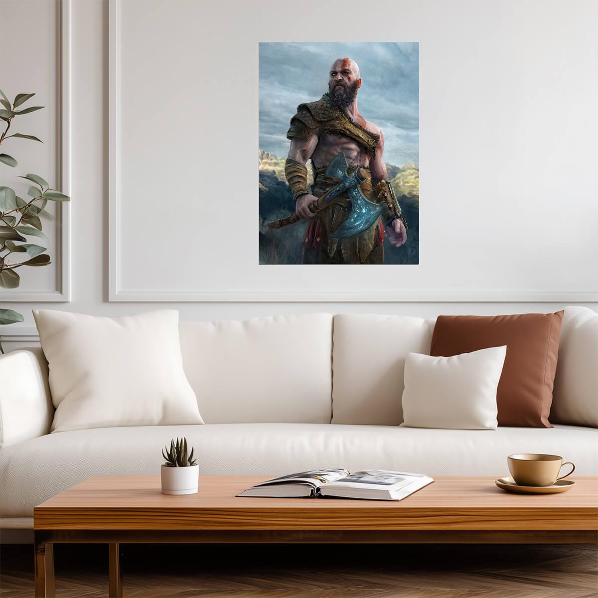 God of War Kratos Holding Leviathan Axe | Norse Mythology Game Poster | Action Adventure Wall Decor - Video Games Poster