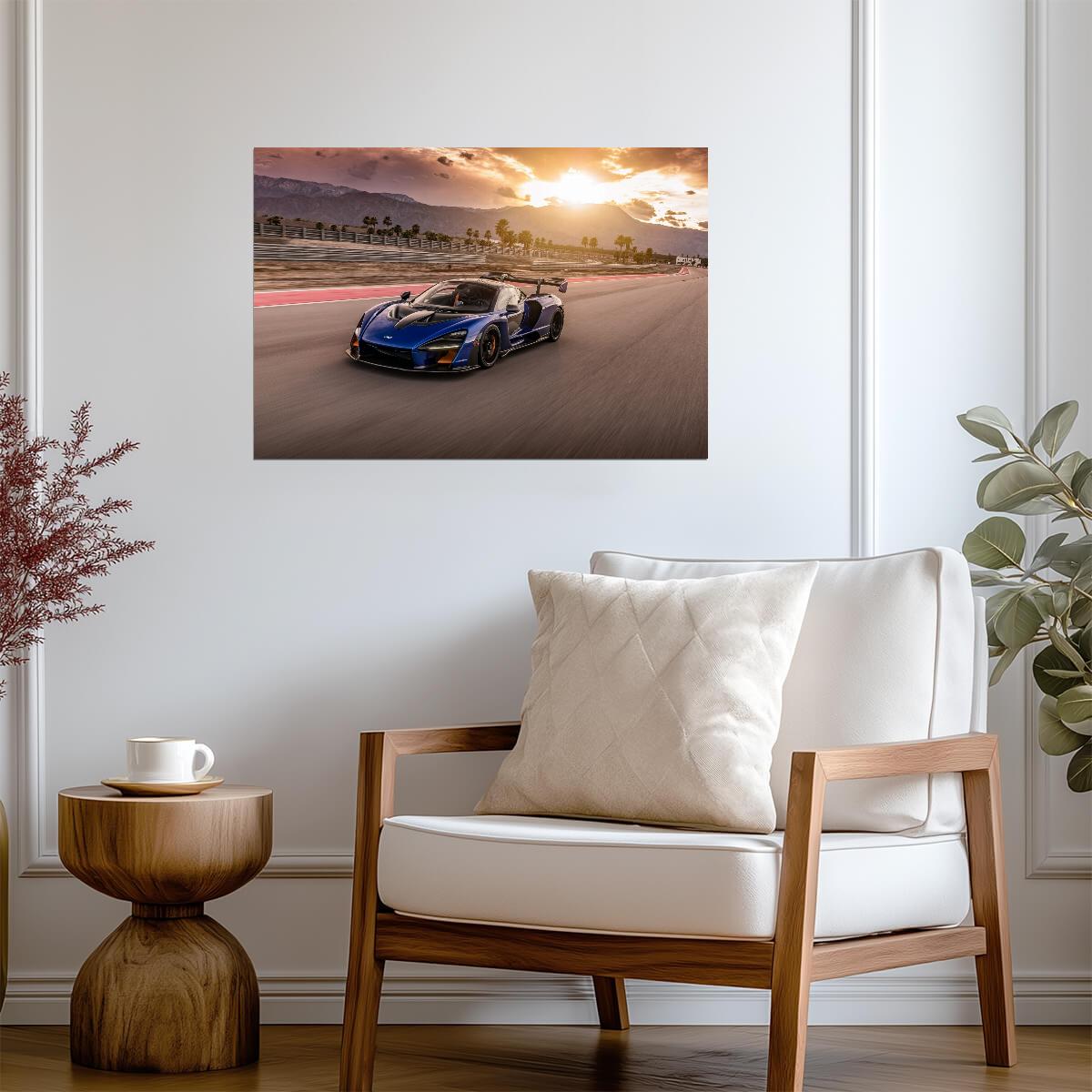 McLaren Senna | Blue British Hypercar Poster | Supercar Racing on Track at Sunset - Cars Poster