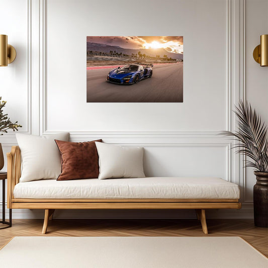 McLaren Senna | Blue British Hypercar Poster | Supercar Racing on Track at Sunset - Cars Poster