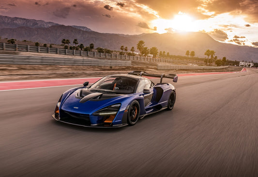 McLaren Senna | Blue British Hypercar Poster | Supercar Racing on Track at Sunset - Cars Poster