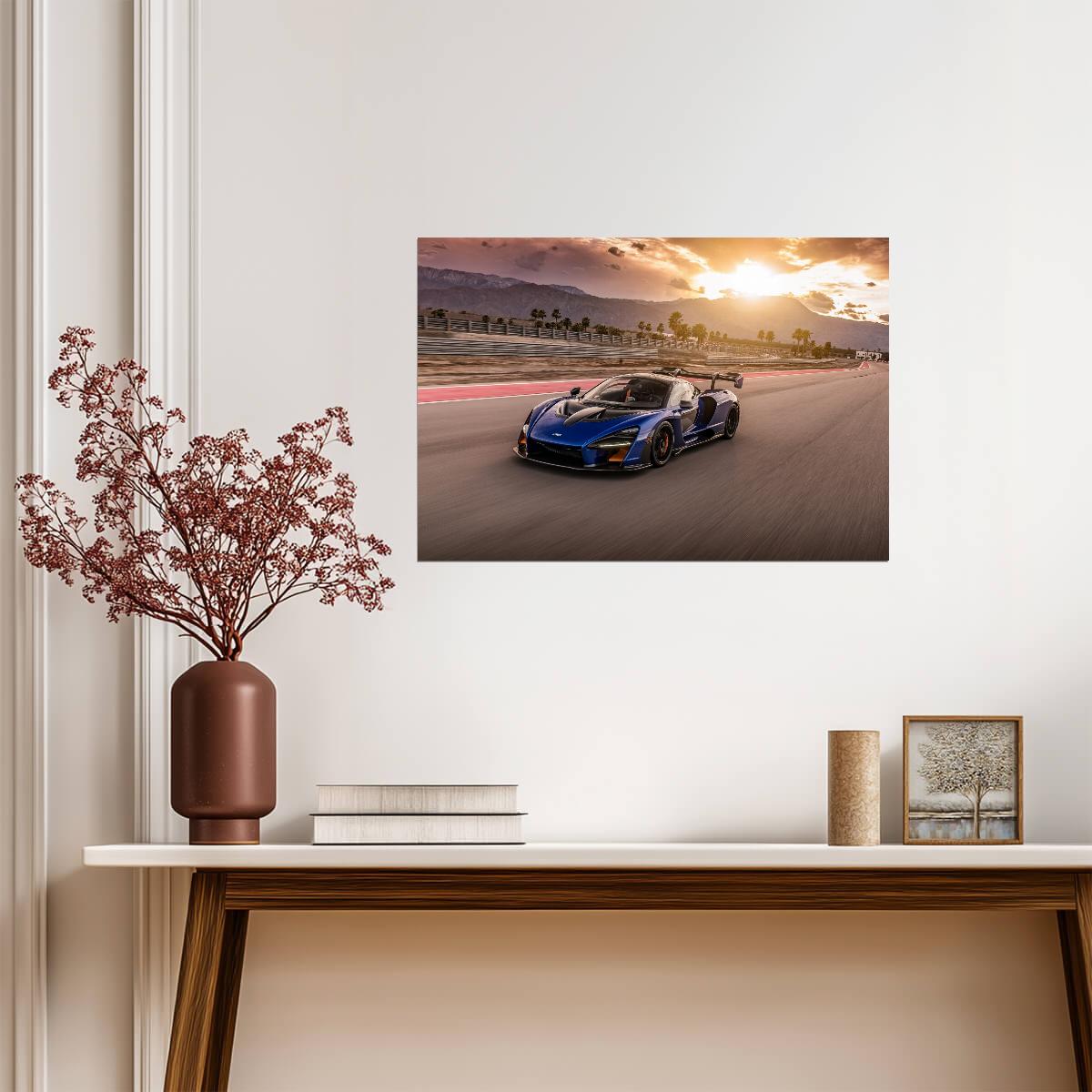 McLaren Senna | Blue British Hypercar Poster | Supercar Racing on Track at Sunset - Cars Poster