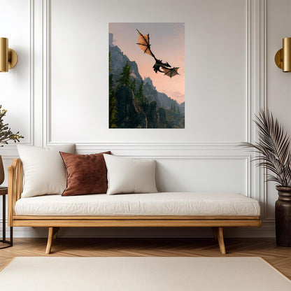 Skyrim Dragon Flying Over Mountains | Fantasy Landscape Poster | Elder Scrolls Game Art - Video Games Poster