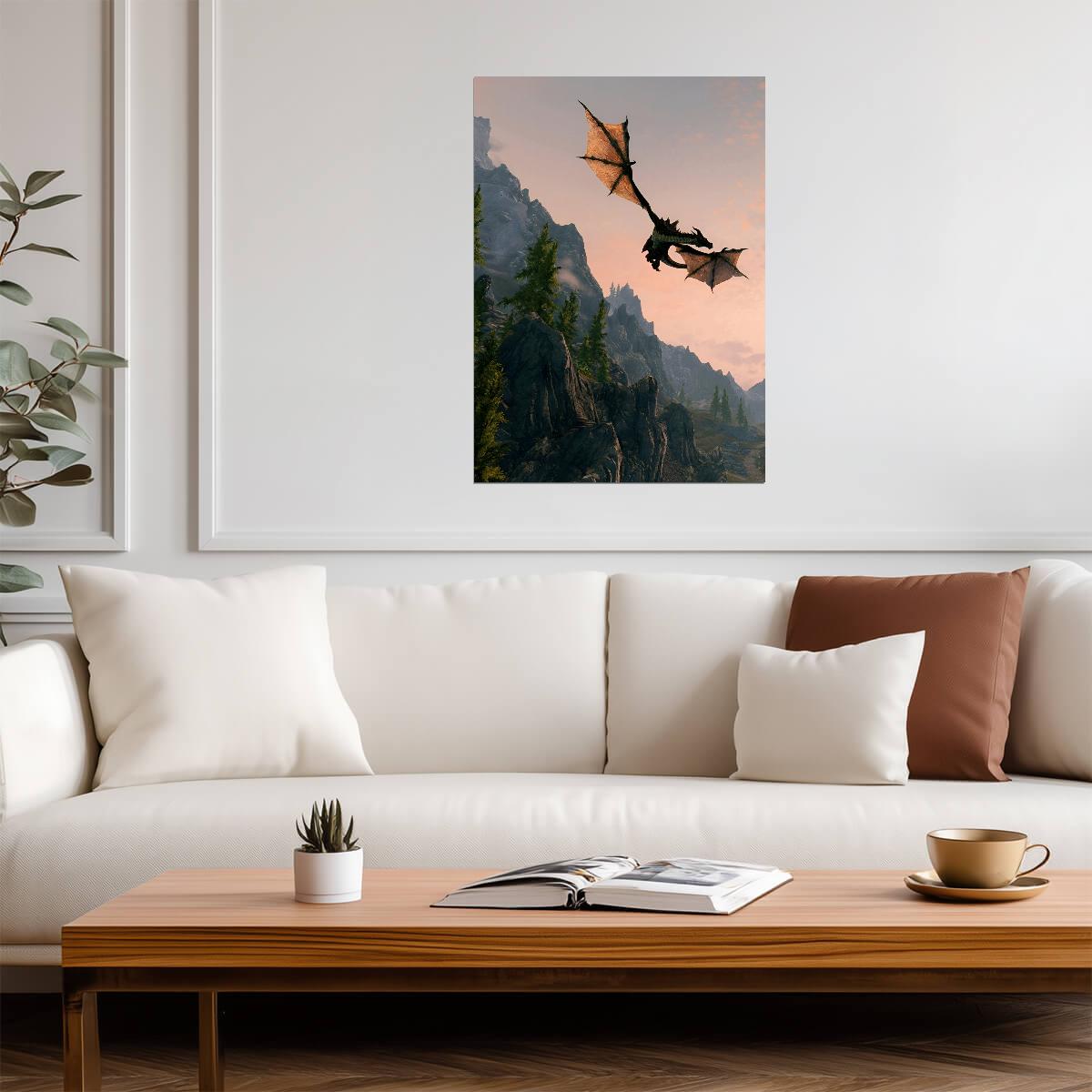 Skyrim Dragon Flying Over Mountains | Fantasy Landscape Poster | Elder Scrolls Game Art - Video Games Poster