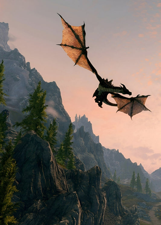Skyrim Dragon Flying Over Mountains | Fantasy Landscape Poster | Elder Scrolls Game Art - Video Games Poster