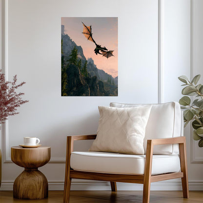 Skyrim Dragon Flying Over Mountains | Fantasy Landscape Poster | Elder Scrolls Game Art - Video Games Poster