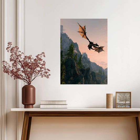 Skyrim Dragon Flying Over Mountains | Fantasy Landscape Poster | Elder Scrolls Game Art - Video Games Poster