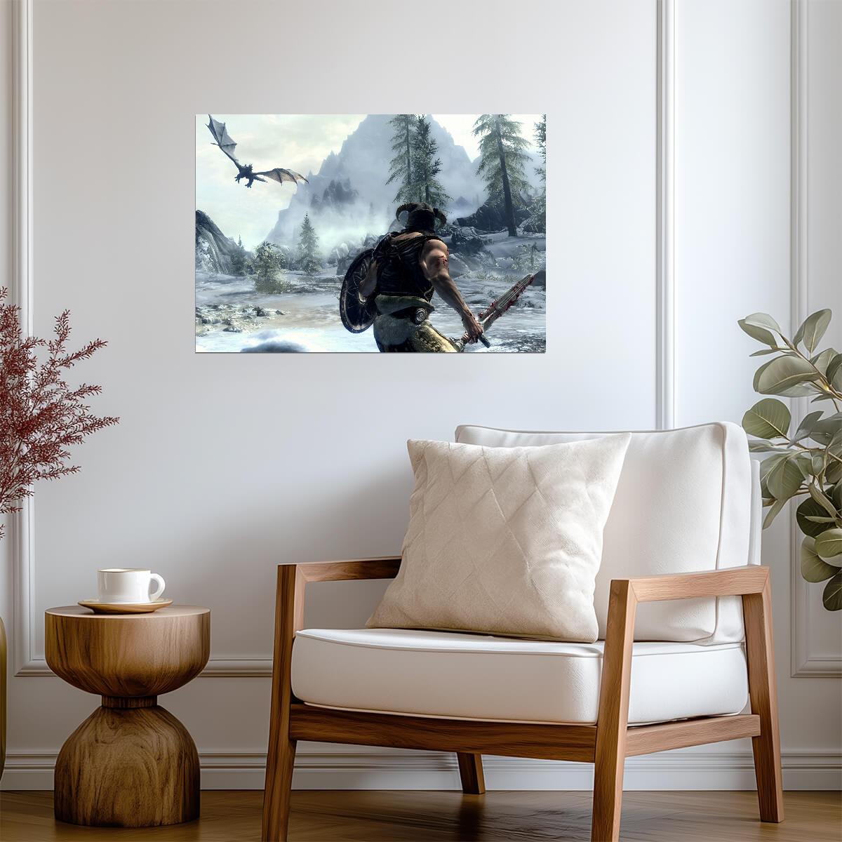 Skyrim Dragonborn Fighting Dragon | Snowy Mountain Battle Poster | Gamer Gift Wall Art - Video Games Poster