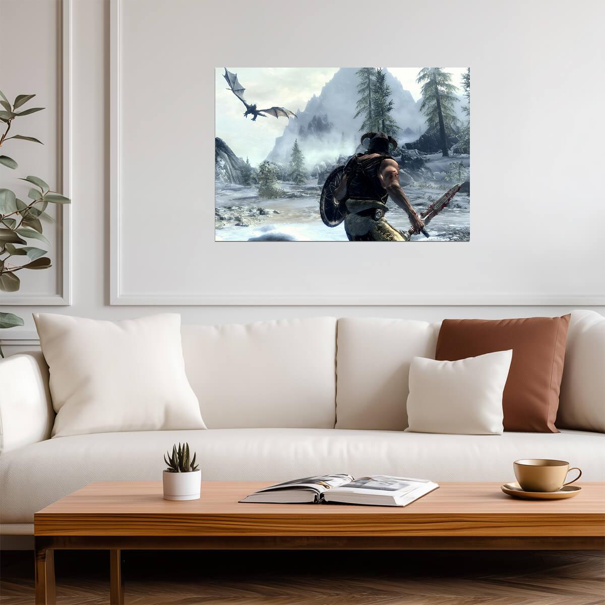 Skyrim Dragonborn Fighting Dragon | Snowy Mountain Battle Poster | Gamer Gift Wall Art - Video Games Poster