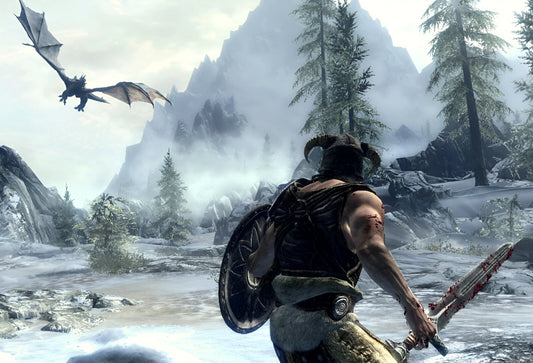 Skyrim Dragonborn Fighting Dragon | Snowy Mountain Battle Poster | Gamer Gift Wall Art - Video Games Poster