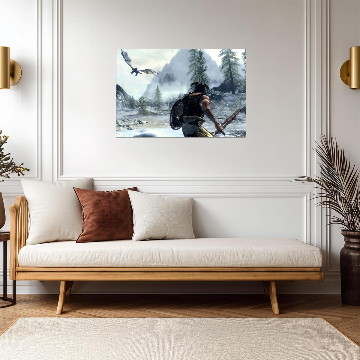 Skyrim Dragonborn Fighting Dragon | Snowy Mountain Battle Poster | Gamer Gift Wall Art - Video Games Poster