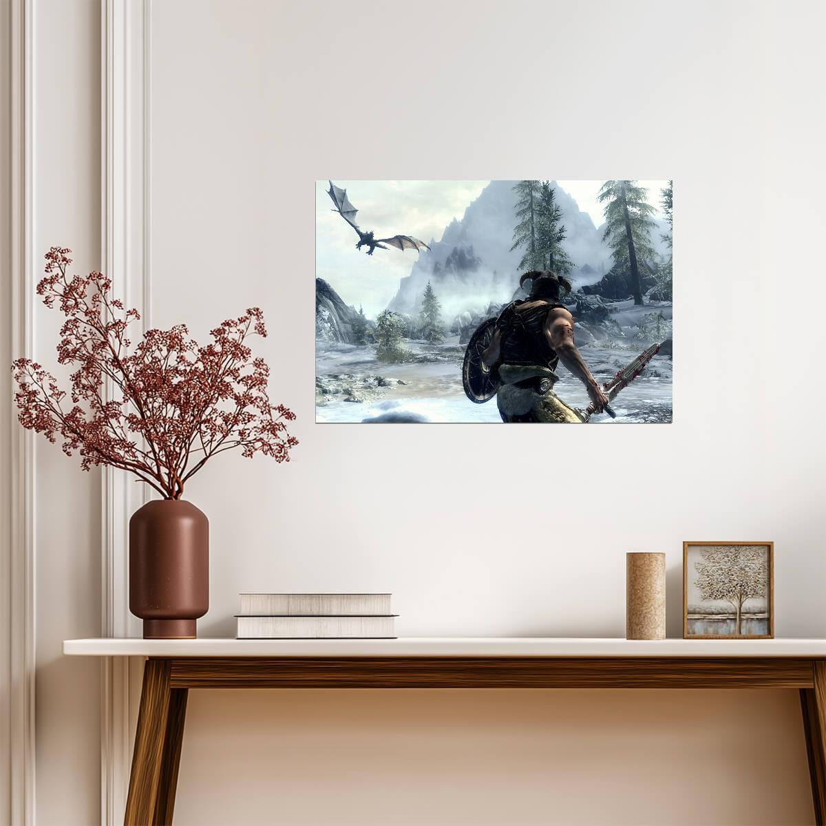 Skyrim Dragonborn Fighting Dragon | Snowy Mountain Battle Poster | Gamer Gift Wall Art - Video Games Poster