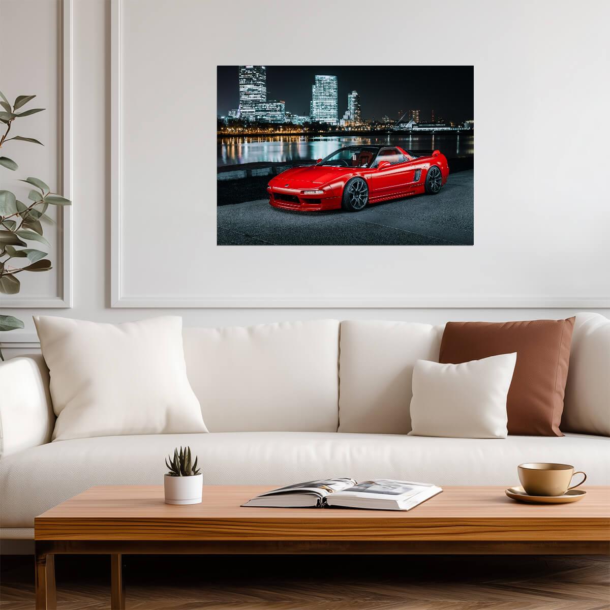 Honda NSX 1st Gen (NA1) | Custom JDM Supercar Poster | Red Sports Car at Night - Cars Poster