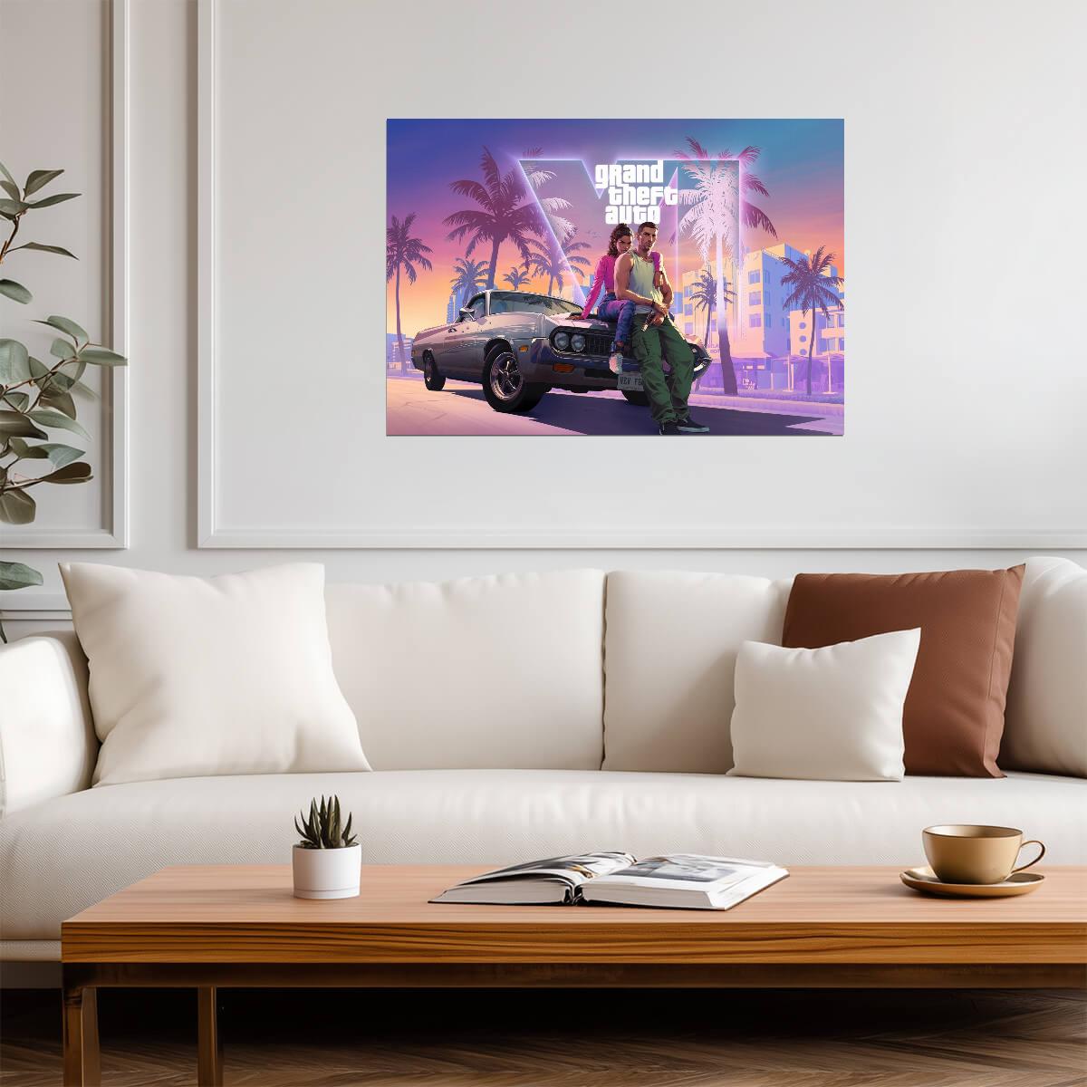 Grand Theft Auto VI Lucia & Jason on Car | Vice City Sunset Poster | Gamer Gift Wall Art - Video Games Poster