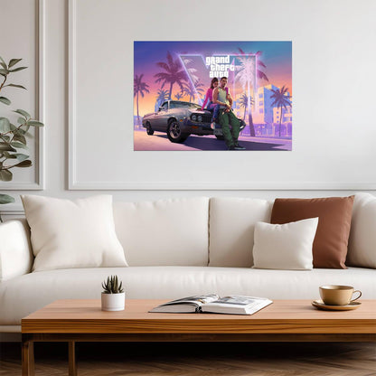 Grand Theft Auto VI Lucia & Jason on Car | Vice City Sunset Poster | Gamer Gift Wall Art - Video Games Poster