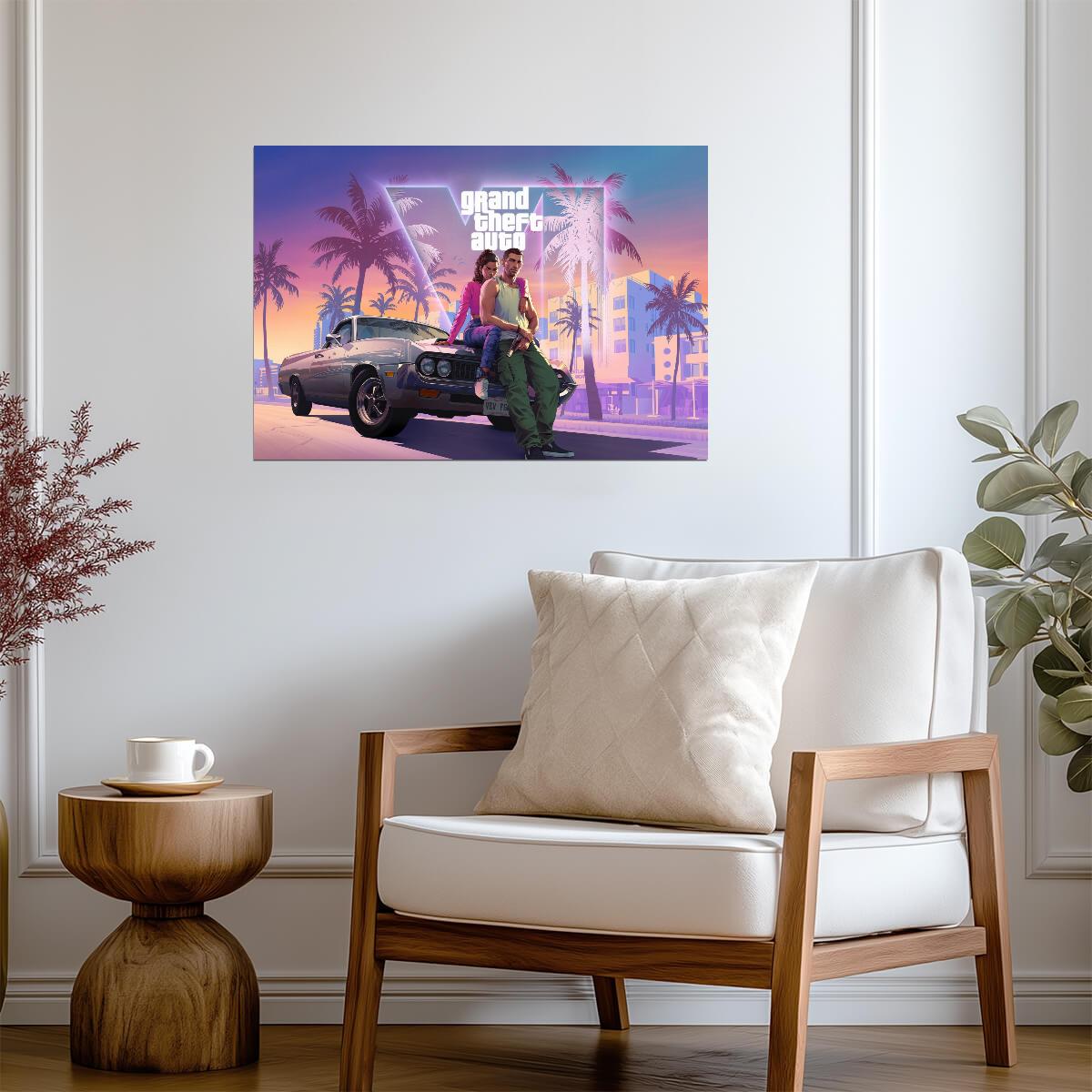 Grand Theft Auto VI Lucia & Jason on Car | Vice City Sunset Poster | Gamer Gift Wall Art - Video Games Poster
