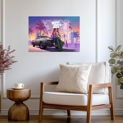 Grand Theft Auto VI Lucia & Jason on Car | Vice City Sunset Poster | Gamer Gift Wall Art - Video Games Poster