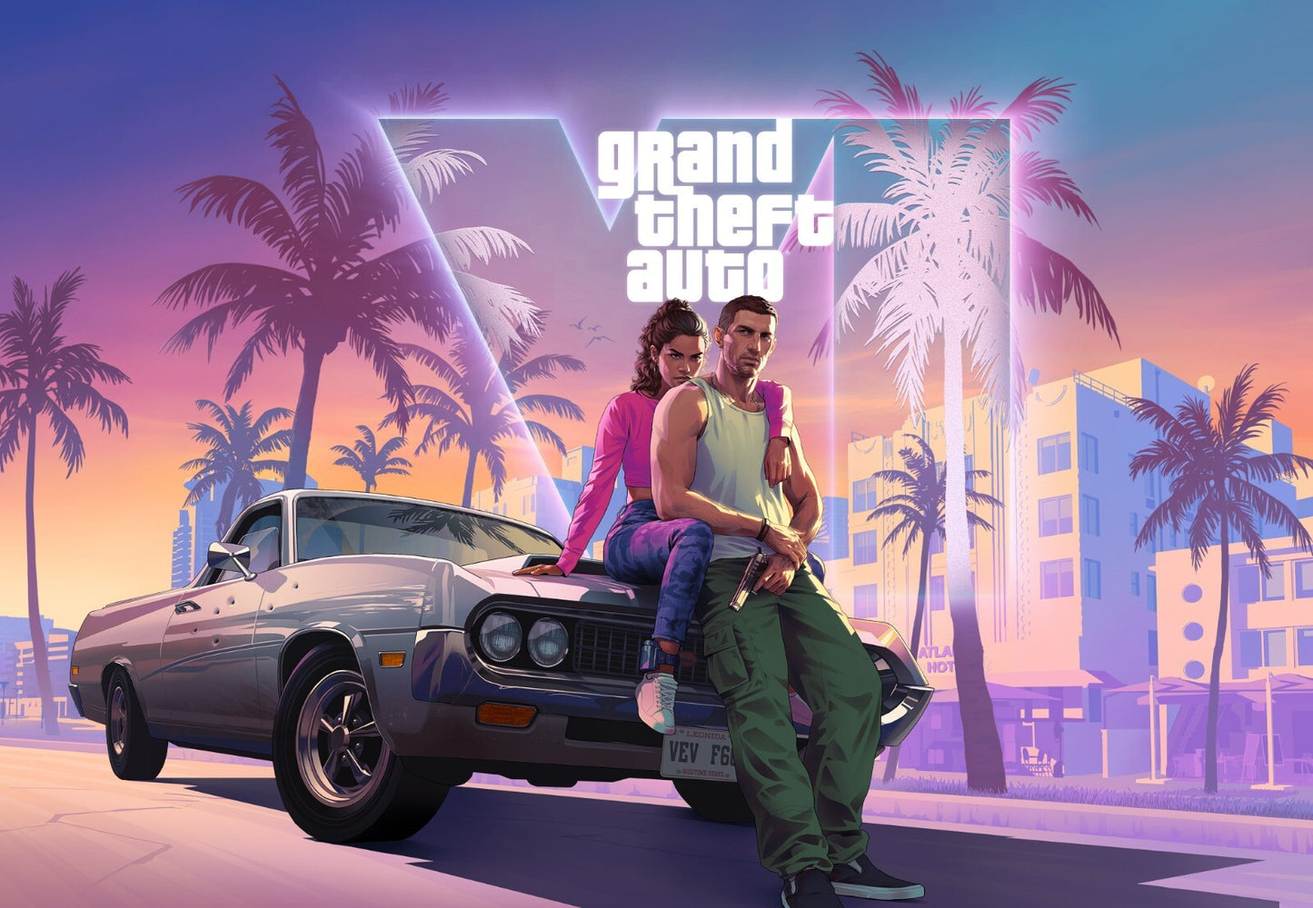 Grand Theft Auto VI Lucia & Jason on Car | Vice City Sunset Poster | Gamer Gift Wall Art - Video Games Poster