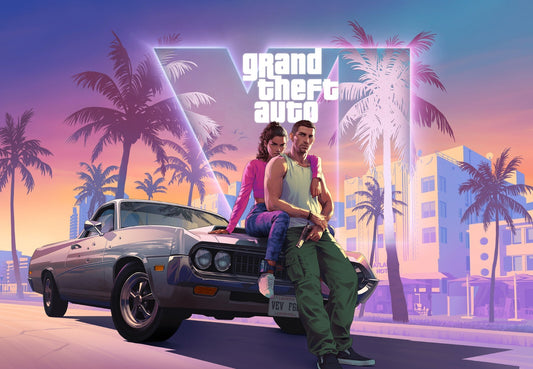 Grand Theft Auto VI Lucia & Jason on Car | Vice City Sunset Poster | Gamer Gift Wall Art - Video Games Poster