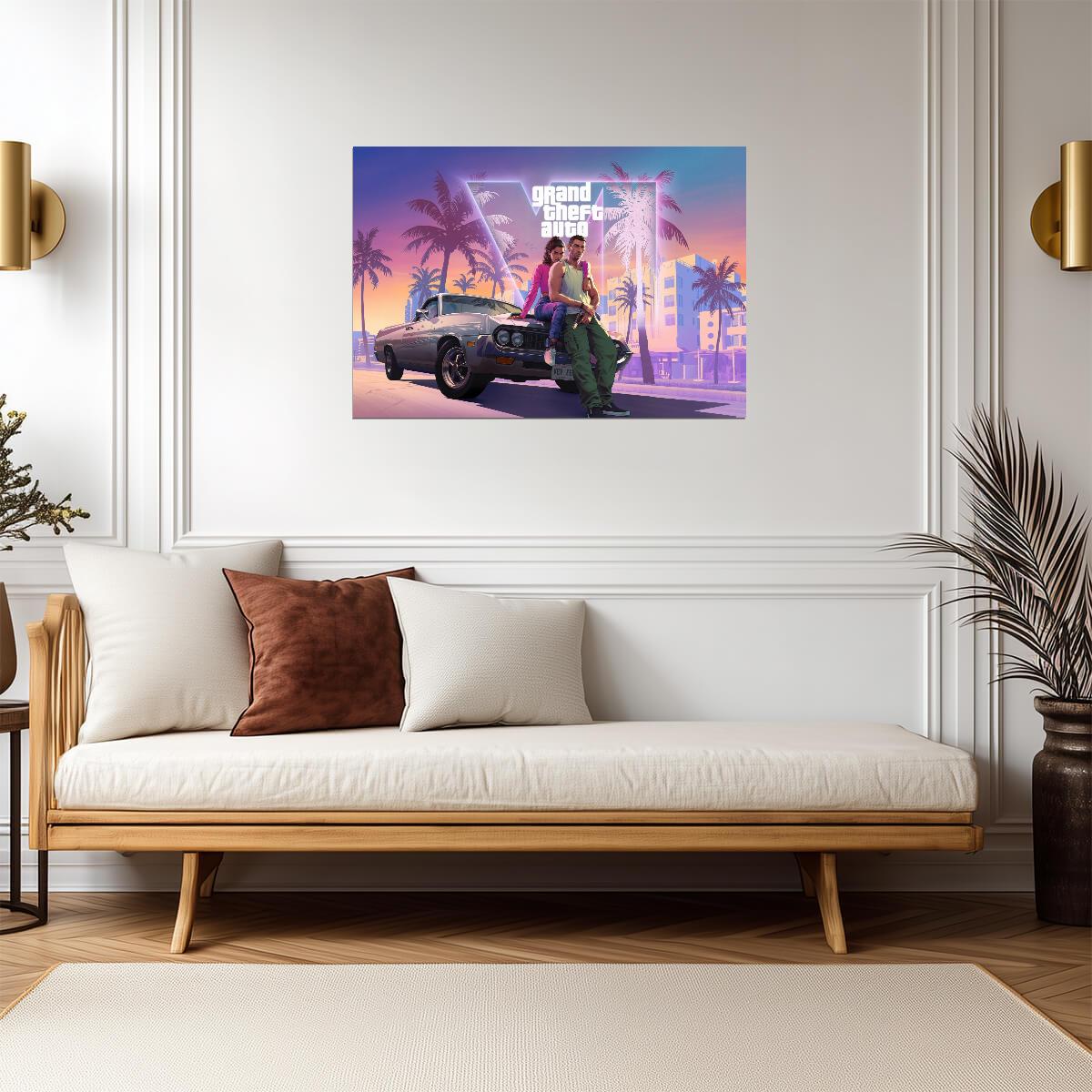 Grand Theft Auto VI Lucia & Jason on Car | Vice City Sunset Poster | Gamer Gift Wall Art - Video Games Poster